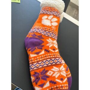 Clemson Tigers Orange Purple Fair Isle Paw Print Cozy Sherpa Lined Slipper Socks